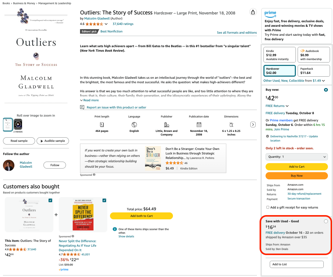 An example of the Outliers product listing that highlights used goods for sale on Amazon.